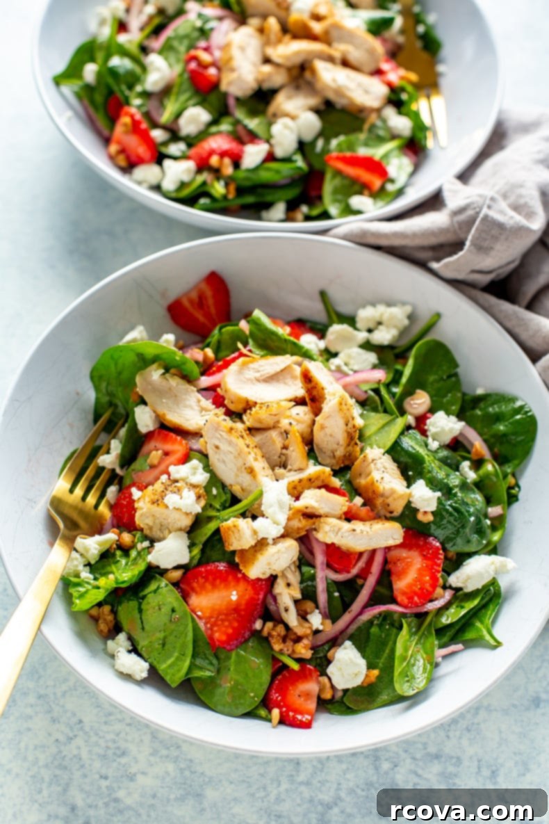 Vibrant Strawberry Spinach Chicken Salad 8 Close-up overhead view of the Strawberry Spinach Salad with Chicken, beautifully plated and ready to eat.