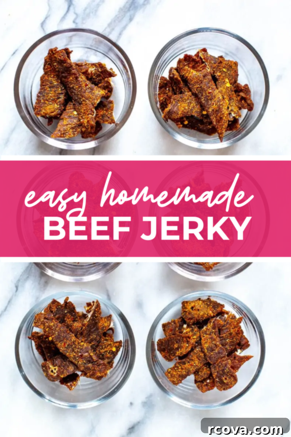 Homemade Jerky Perfection 12 Overhead shot of plated dish with pink banner in the middle - reading "easy homemade beef jerky"