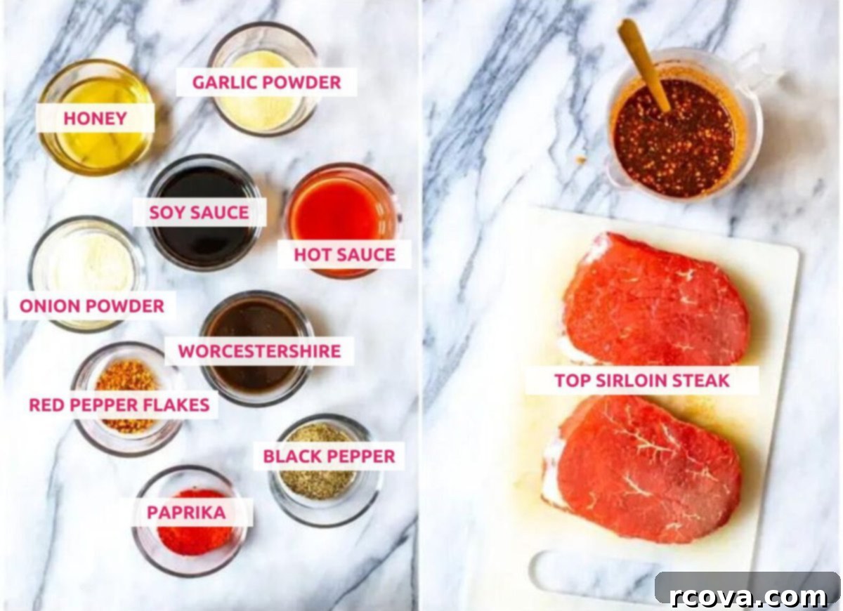 Homemade Jerky Perfection 4 Ingredients for making beef jerky: top sirloin steak, soy sauce, Worcestershire sauce, honey, hot sauce, black pepper, onion powder, garlic powder, paprika, red pepper flakes