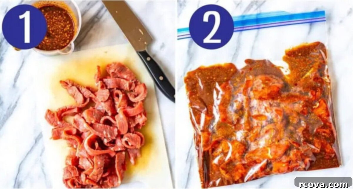Homemade Jerky Perfection 5 Steps 1 and 2 for making homemade beef jerky: Slice frozen beef then marinate.