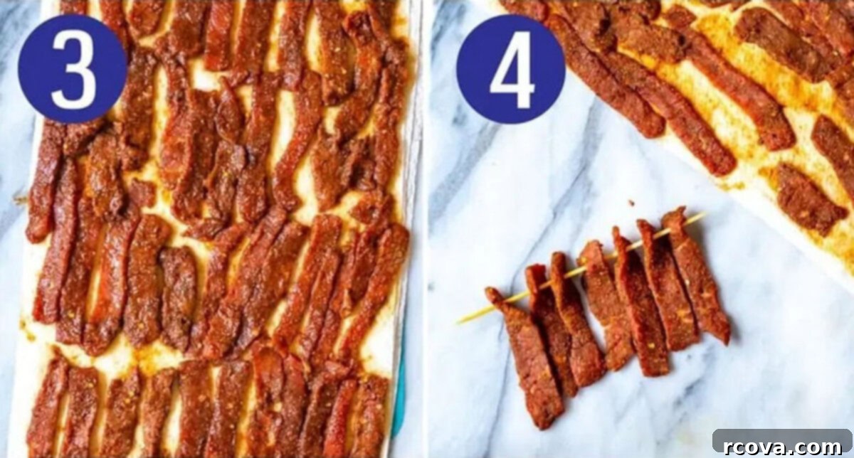 Homemade Jerky Perfection 6 Steps 3 and 4 for making homemade beef jerky: Squeeze out extra liquid and add to skewers.
