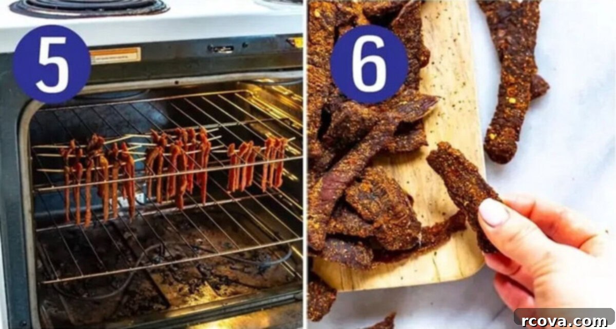 Homemade Jerky Perfection 7 Steps 5 and 6 for making beef jerky: Hang in oven then store for later.