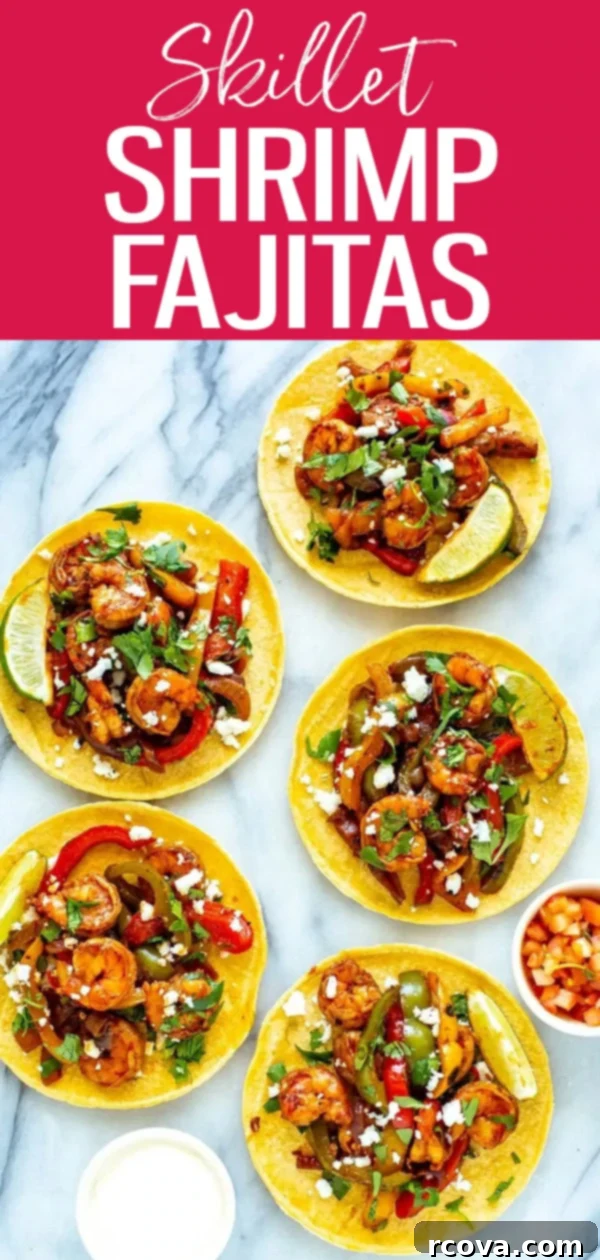 One-Pan Shrimp Fajitas 12 These Skillet Shrimp Fajitas come together in just one pan for minimal clean up. They take 10 minutes to cook and are PACKED with flavour! #skilletrecipes #shrimpfajitas
