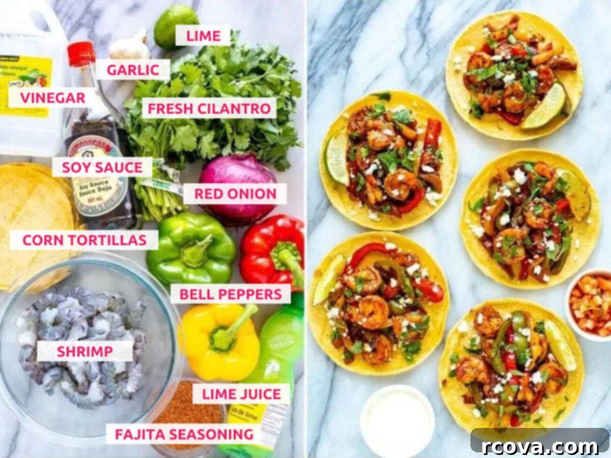 One-Pan Shrimp Fajitas 4 Ingredients for shrimp fajitas: shrimp, fajita seasoning, lime juice, bell peppers, corn tortillas, soy sauce, red onion, cilantro, garlic, lime and vinegar.
