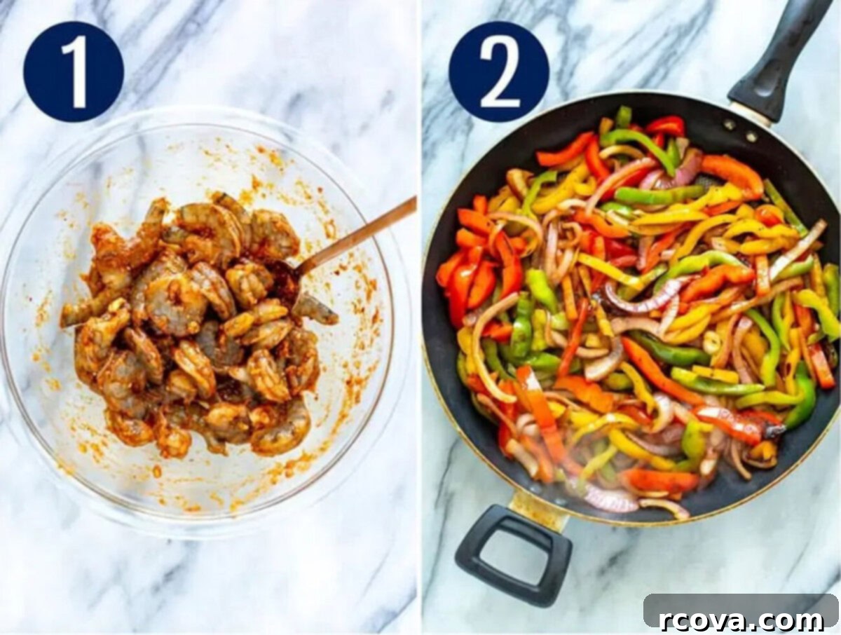 One-Pan Shrimp Fajitas 5 Steps 1 and 2 for making shrimp fajitas: Marinate shrimp and saute peppers and onions.