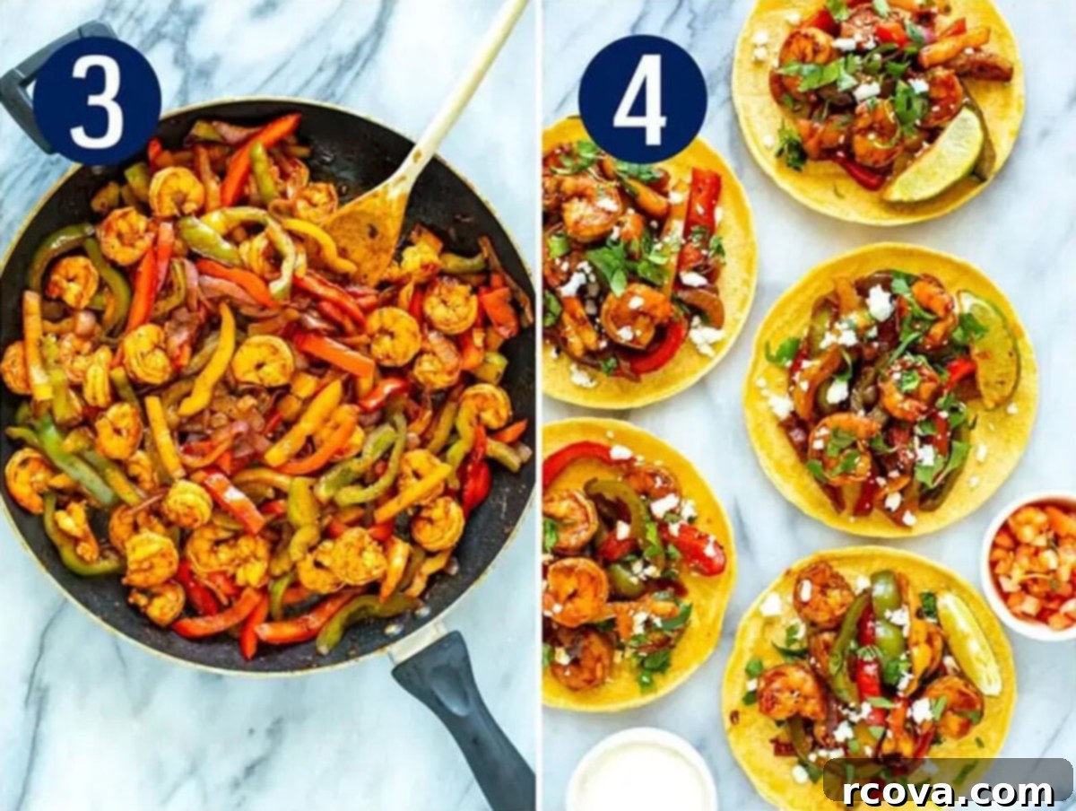 One-Pan Shrimp Fajitas 6 Steps 3 and 4 for making shrimp fajitas: Saute shrimp then assemble fajitas.