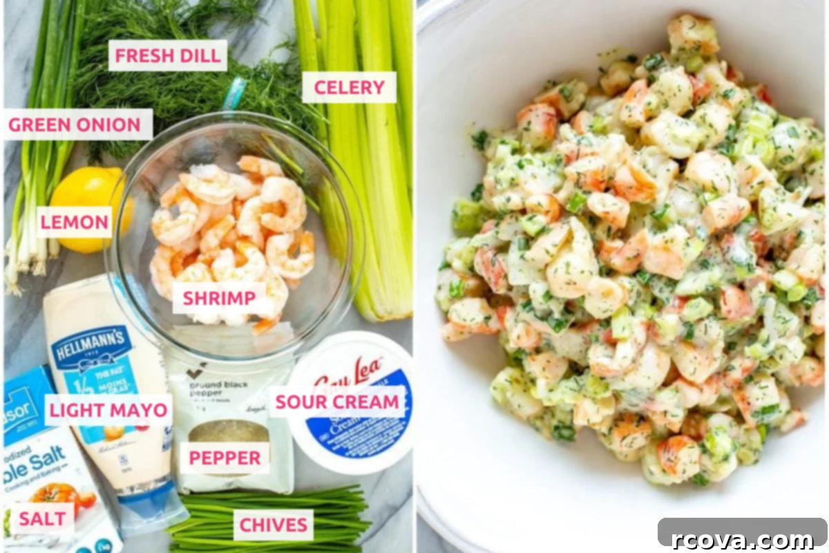 Irresistible Shrimp Salad 4 All the fresh ingredients for homemade shrimp salad laid out on a table, including cooked shrimp, celery, green onions, and dressing components.