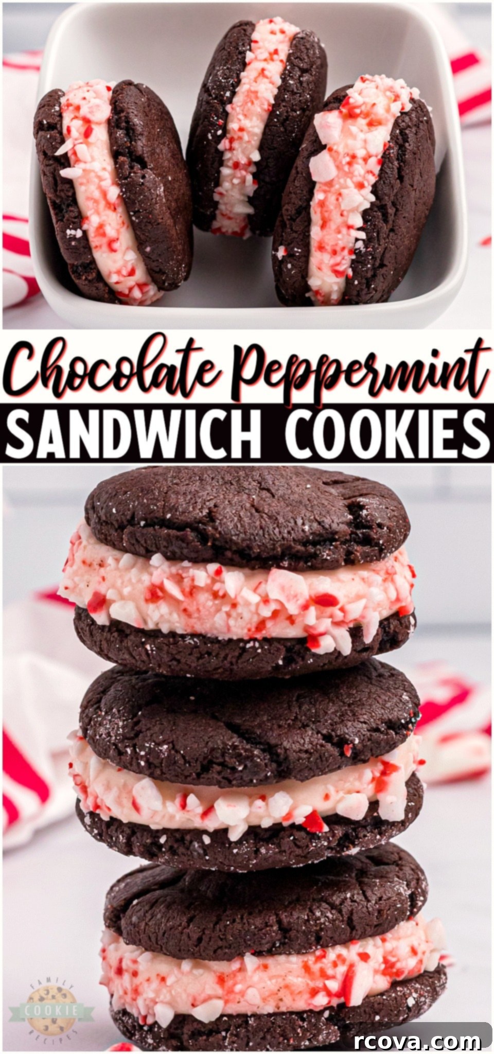 Cool Mint Chocolate Stacks 10 Peppermint Chocolate Sandwich Cookies are a lovely holiday treat made with soft chocolate cookies and a peppermint cheesecake filling. Perfect holiday cookies for gift giving and dessert trays!