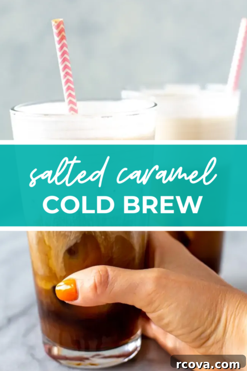 Homemade Salted Caramel Cream Cold Brew Perfection 12 Overhead shot of drinks in drinking glass with green banner in the middle - reading "salted caramel cold brew"