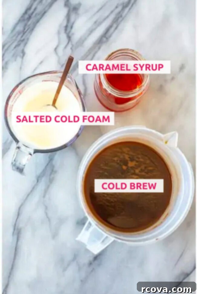 Homemade Salted Caramel Cream Cold Brew Perfection 4 Overhead shot of the ingredients with label for salted caramel cream cold brew
