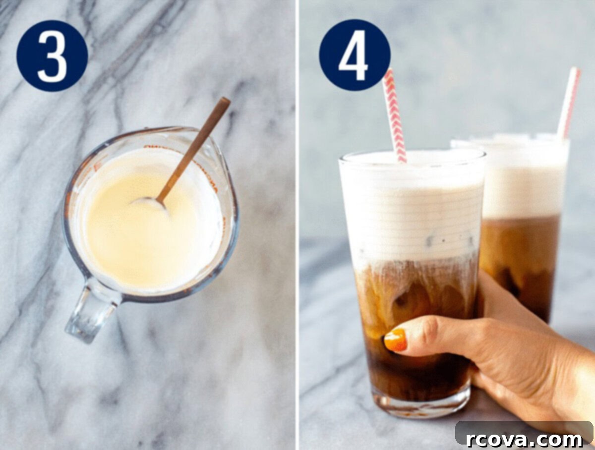 Homemade Salted Caramel Cream Cold Brew Perfection 6 Steps 3 and 4 for making salted caramel cream cold brew: Make salted cold foam then assemble your drink and serve.