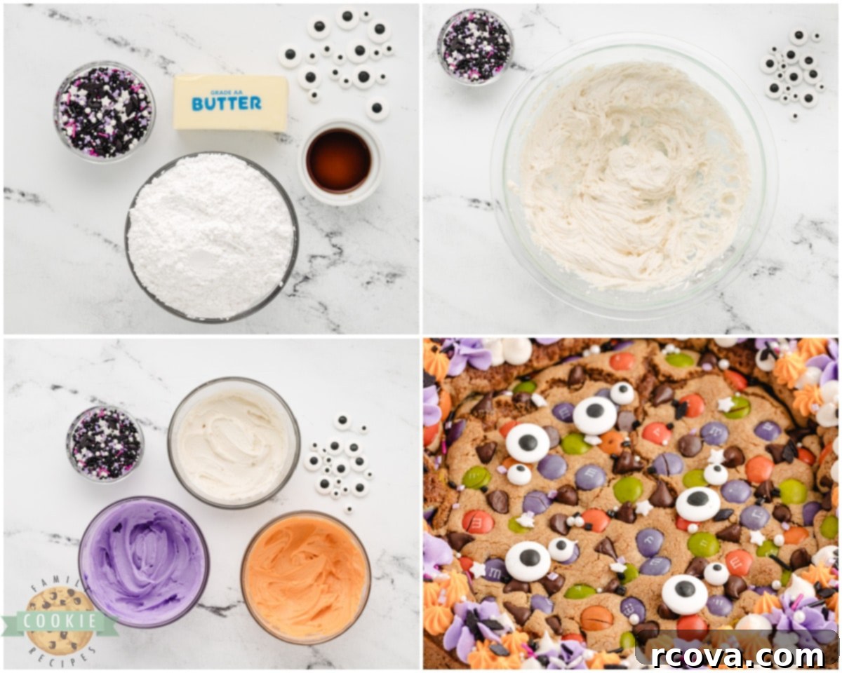 Spooky Cookie Cake 5 topping a cookie cake recipe with festive purple and orange frosting