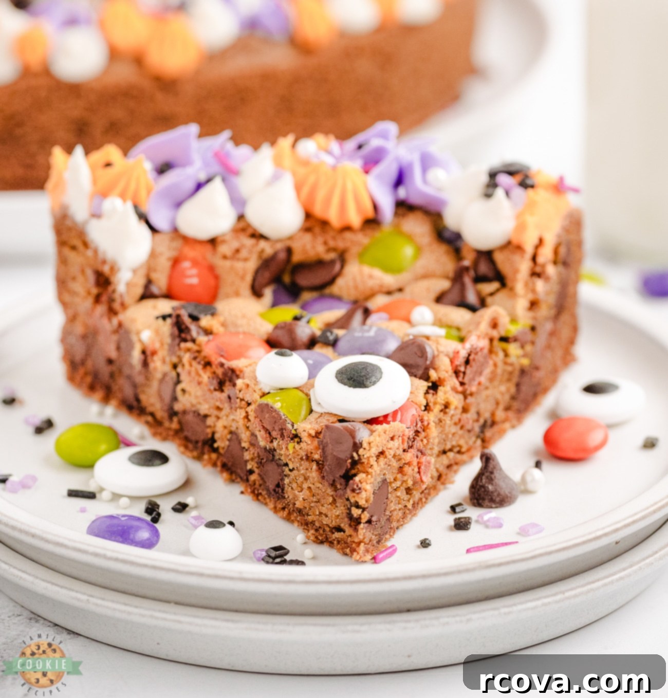 Spooky Cookie Cake 7 slice of Halloween cookie cake with candy eyeballs on top
