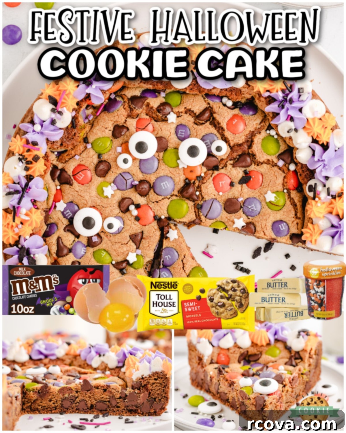 Spooky Cookie Cake 8 Halloween Cookie Cake that's a fun holiday dessert topped with festive candies & colors! Soft, chewy chocolate chip M&M cookie cake decorated with candy eyeballs for a perfect Halloween treat!