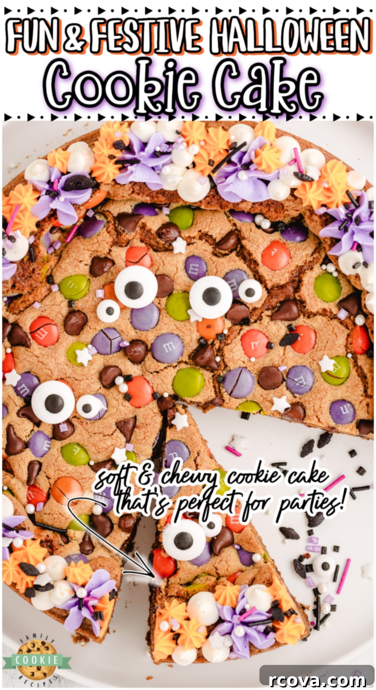 Spooky Cookie Cake 9 Halloween Cookie Cake that's a fun holiday dessert topped with festive candies & colors! Soft, chewy chocolate chip M&M cookie cake decorated with sprinkles for a perfect Halloween treat!