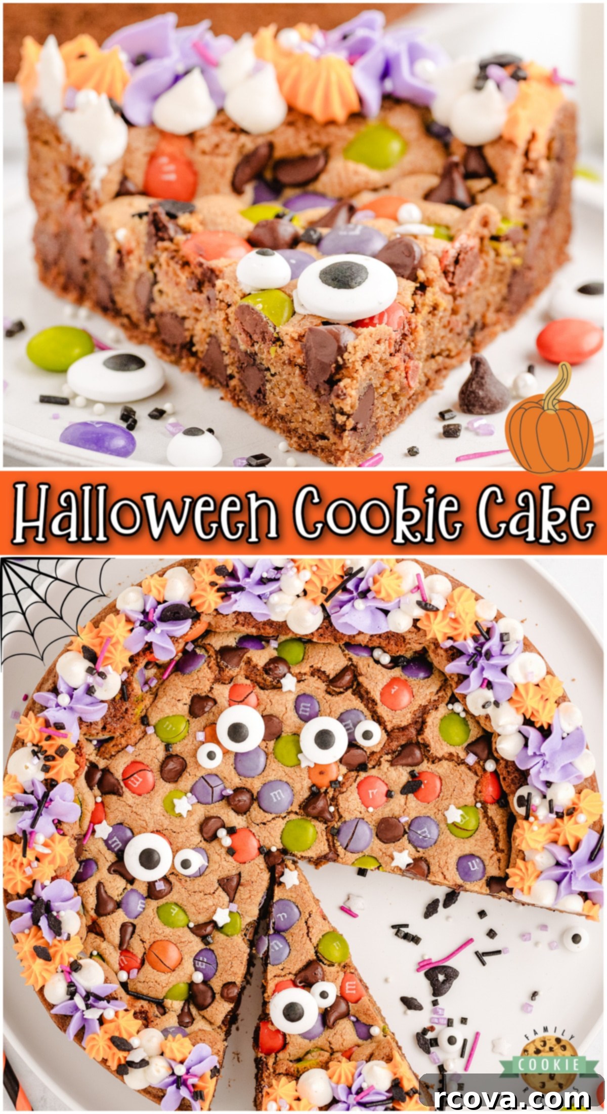 Spooky Cookie Cake 10 Halloween Cookie Cake that's a fun holiday dessert topped with festive candies & colors! Soft, chewy chocolate chip M&M cookie cake decorated with candy eyeballs for a perfect Halloween treat!