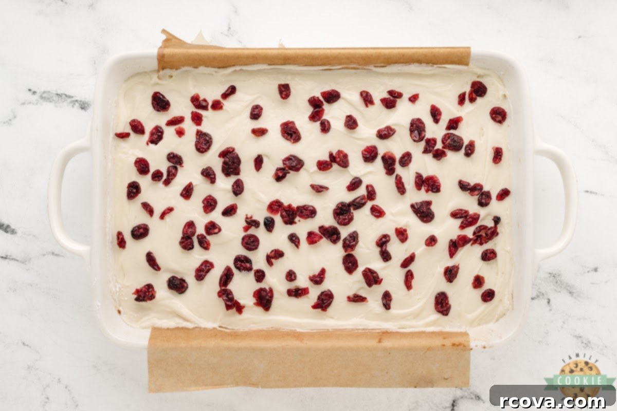 Irresistible White Chocolate Cranberry Cookie Bars 14 Sprinkling the remaining dried cranberries (Craisins) over the freshly frosted cookie bars for added color and flavor.