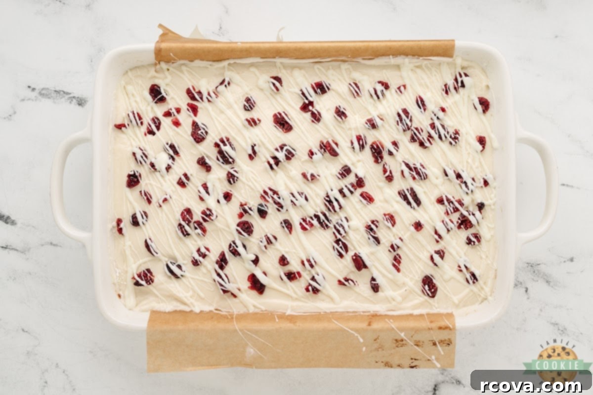 Irresistible White Chocolate Cranberry Cookie Bars 16 Artistically drizzling melted white chocolate over the frosted and cranberry-topped cookie bars, adding a final touch.