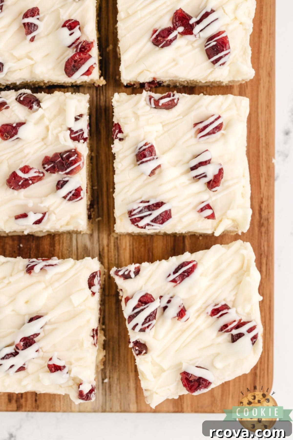 Irresistible White Chocolate Cranberry Cookie Bars 17 Beautifully sliced White Chocolate Cranberry Cookie Bars, revealing their soft texture and layers of flavor.