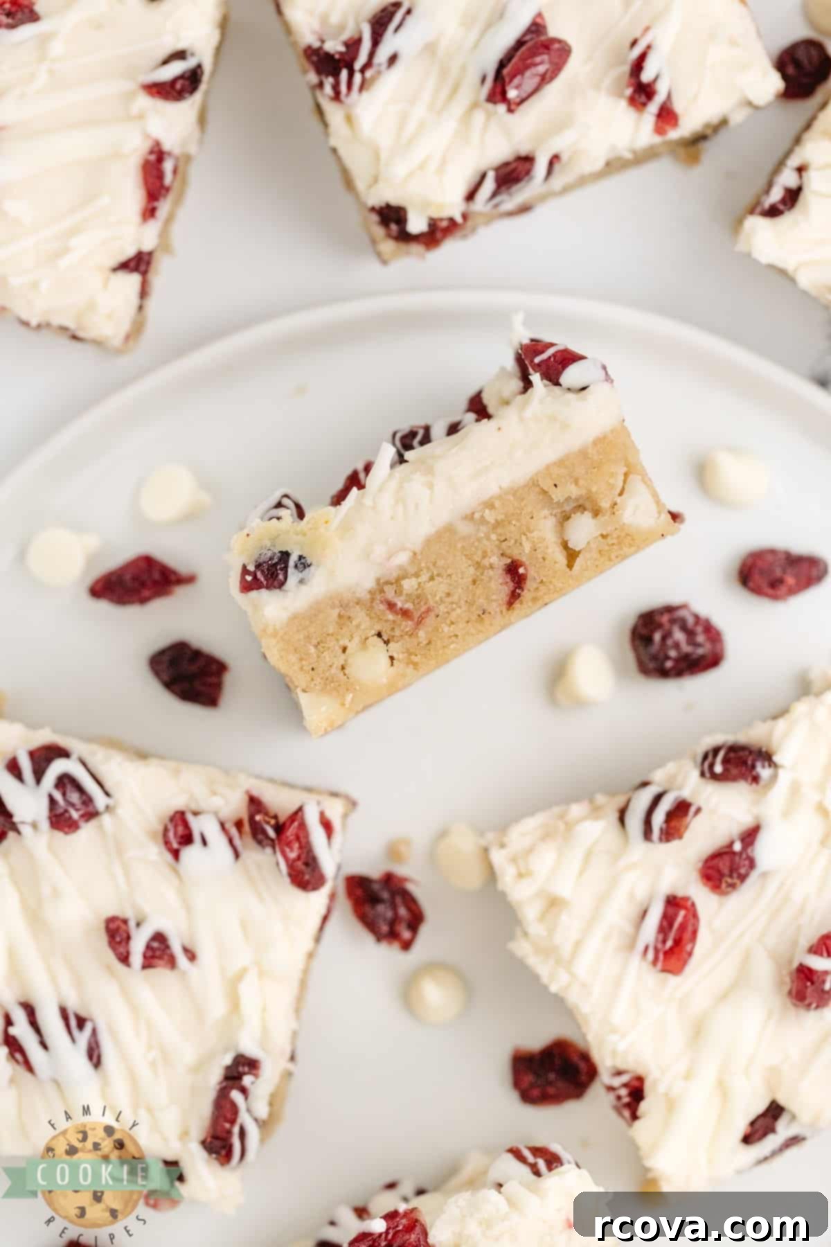 Irresistible White Chocolate Cranberry Cookie Bars 20 Beautifully arranged White Chocolate Cranberry Cookie Bars, soft, chewy, frosted, and drizzled, perfect for a festive fall treat.