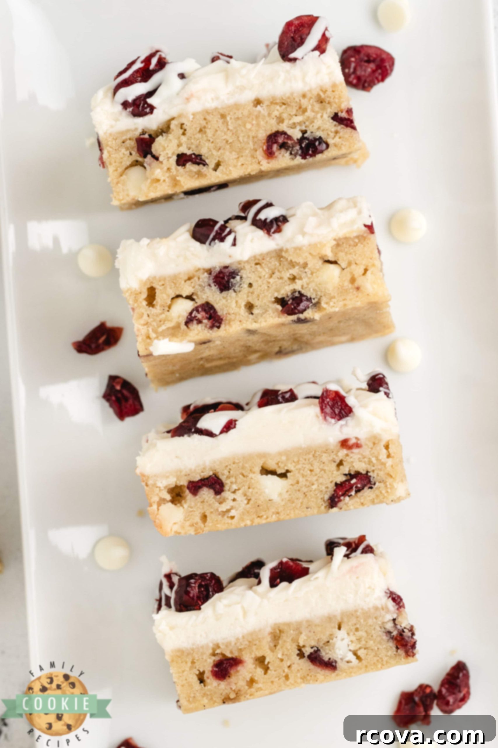 Irresistible White Chocolate Cranberry Cookie Bars 22 Close-up of thick and chewy cookie bars, rich with dried cranberries and creamy white chocolate chips.
