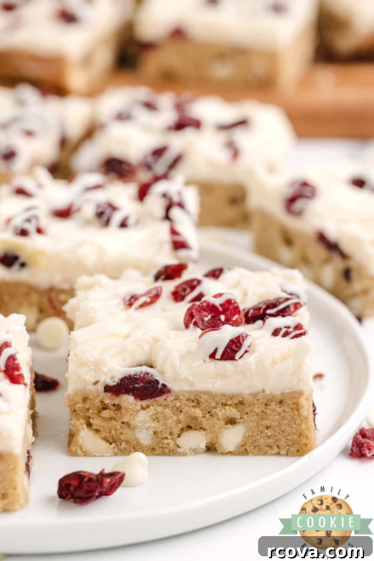 Irresistible White Chocolate Cranberry Cookie Bars 5 A thick and chewy cookie bar recipe generously topped with creamy cream cheese frosting and an artful white chocolate drizzle.