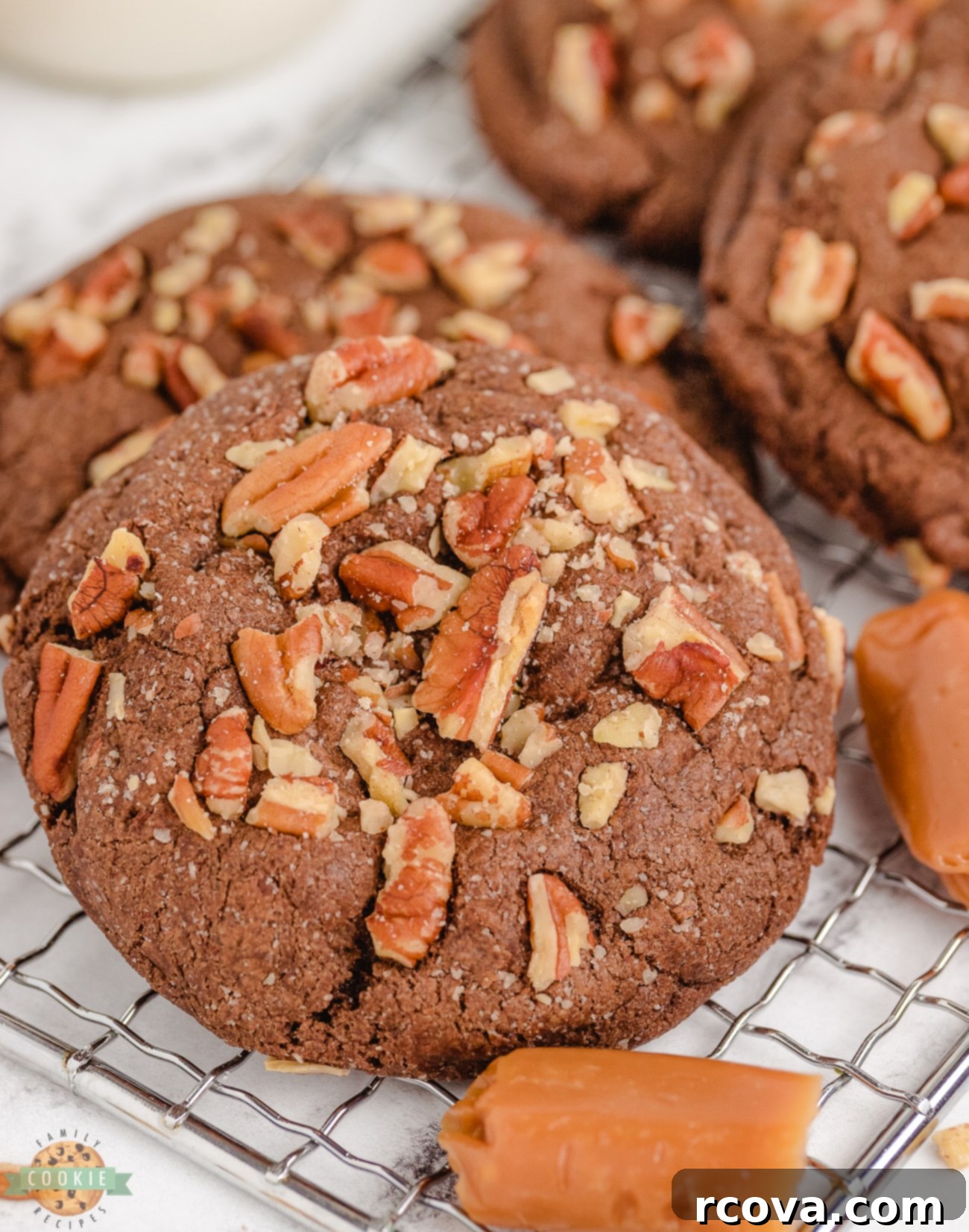 Gooey Caramel Pecan Chocolate Cookies 3 chocolate cookies stuffed with caramel and rolled in pecans