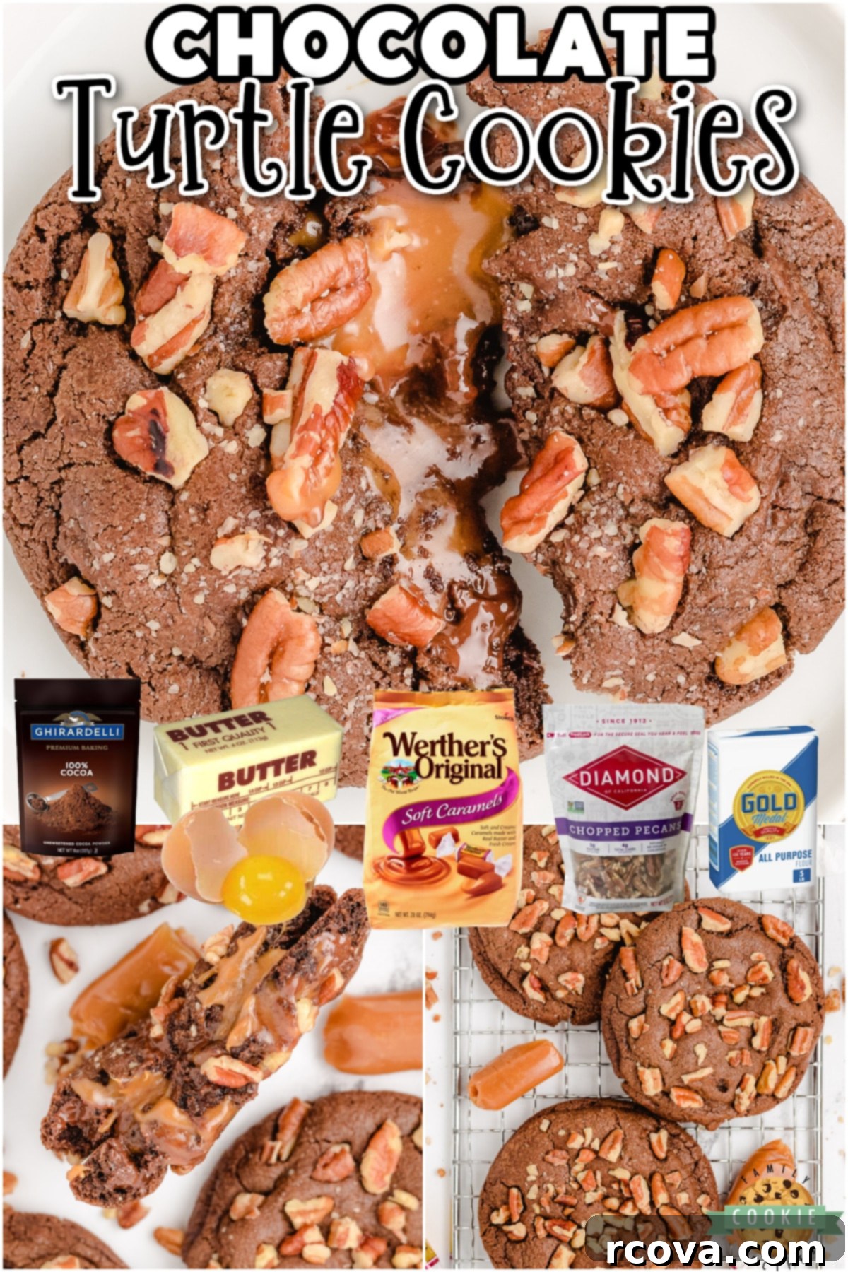 Gooey Caramel Pecan Chocolate Cookies 8 Chocolate Turtle Cookies are double chocolate chip cookies stuffed with caramel & pecans! Decadent Turtle Cookie recipe that everyone loves!