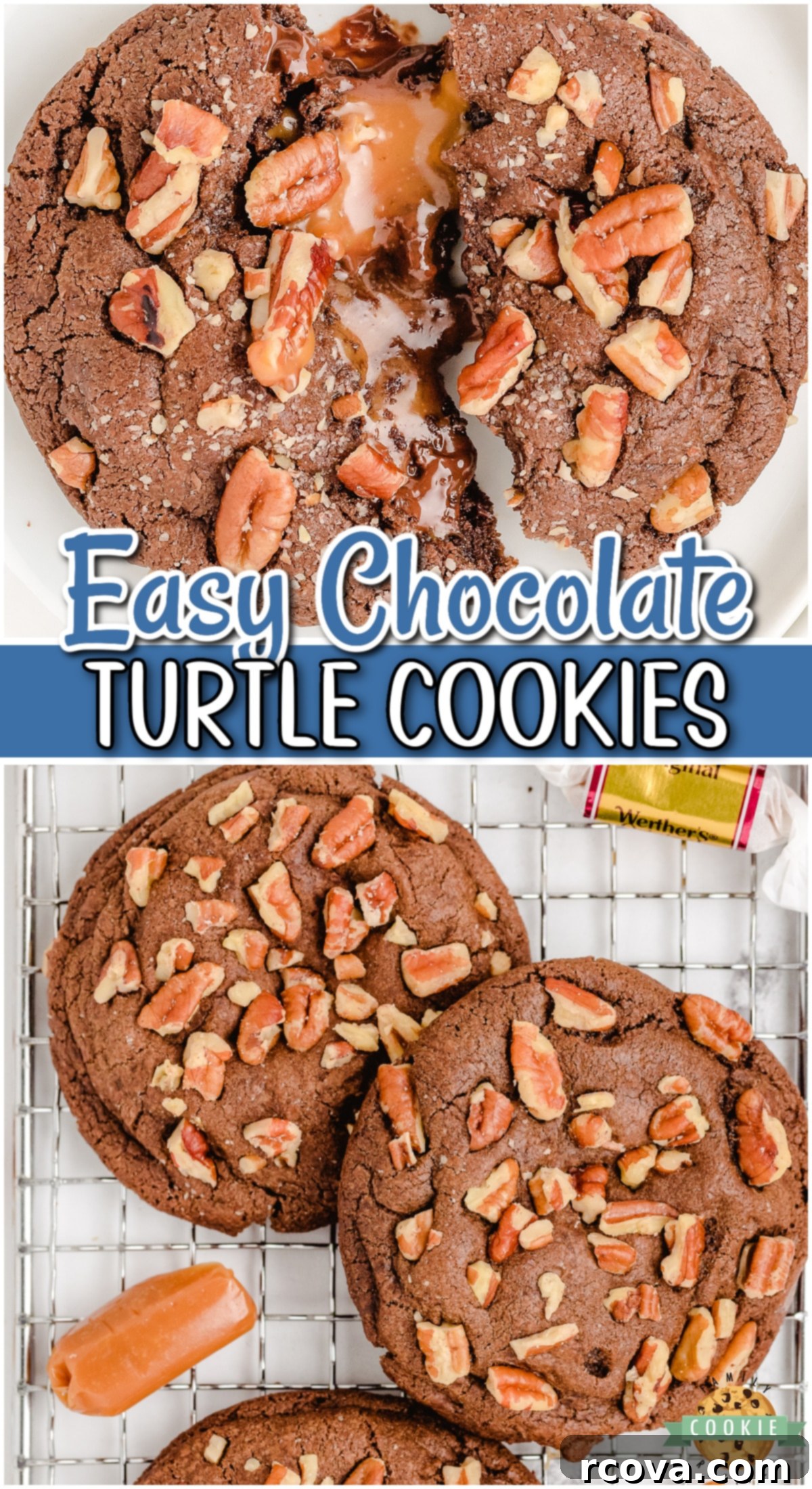 Gooey Caramel Pecan Chocolate Cookies 10 Chocolate Turtle Cookies are double chocolate chip cookies stuffed with caramel & pecans! Decadent Turtle Cookie recipe that everyone loves!