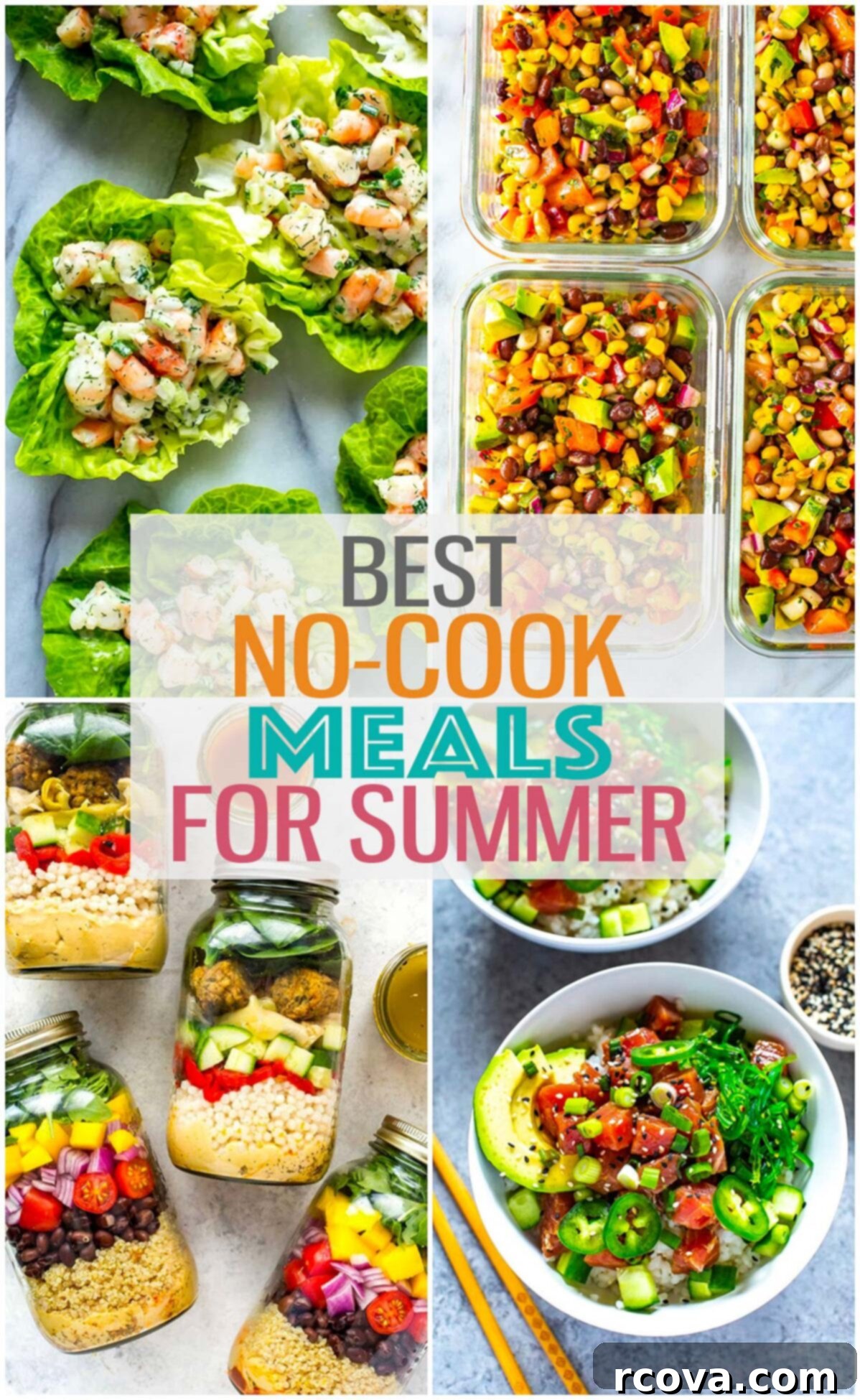 Over 25 Delicious No-Cook Recipes for Summer 2 A collage of 4 different summer recipes with the text. "Best No-Cook Meals for Summer" layered over top.