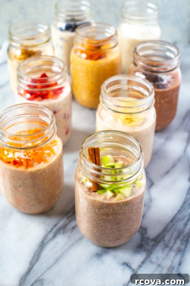 Over 25 Delicious No-Cook Recipes for Summer 4 9 mason jars, each with filled with a different flavour of overnight oats.