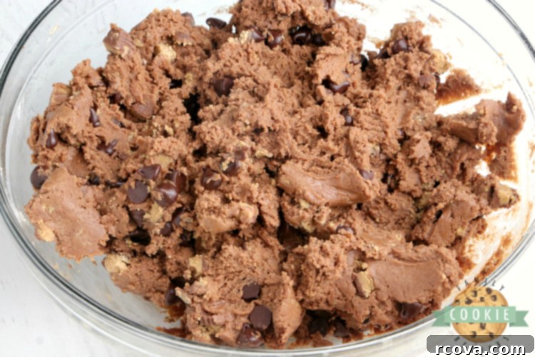 Reese's Peanut Butter Chocolate Cookies 3 Chocolate cookie dough for Reese's Peanut Butter Cookies with visible peanut butter cups and chocolate chips.