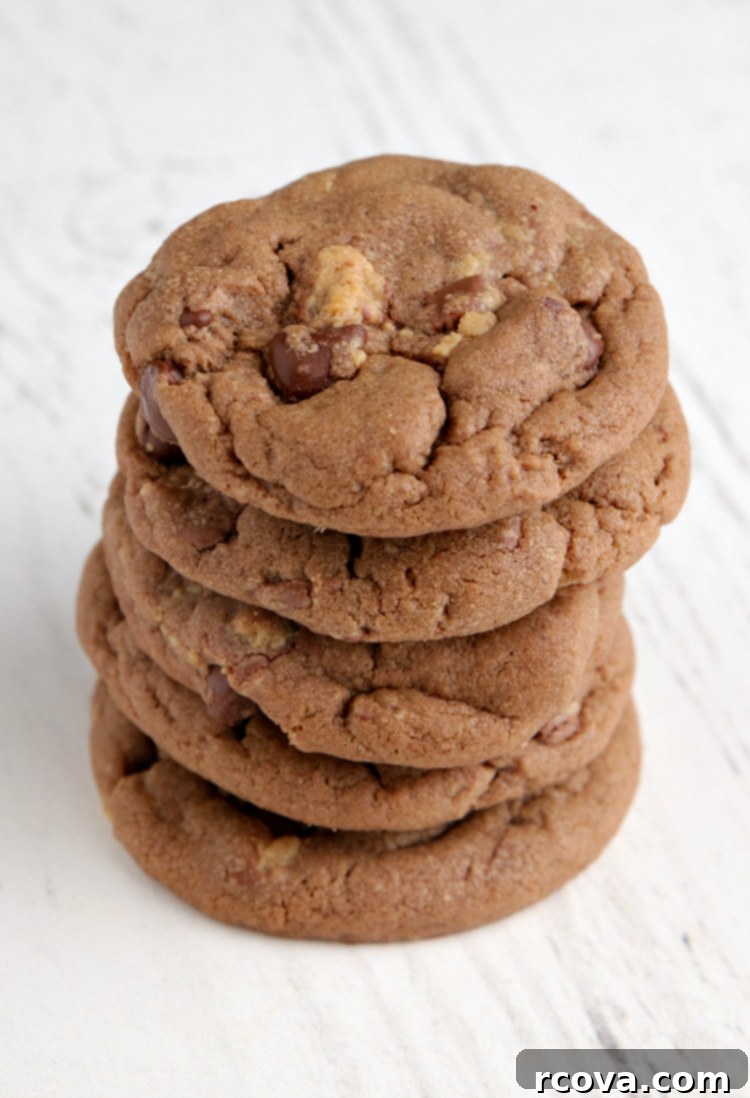 Reese's Peanut Butter Chocolate Cookies 4 Close-up of baked chocolate cookies made with peanut butter and Reese's Peanut Butter Cups, on a cooling rack.