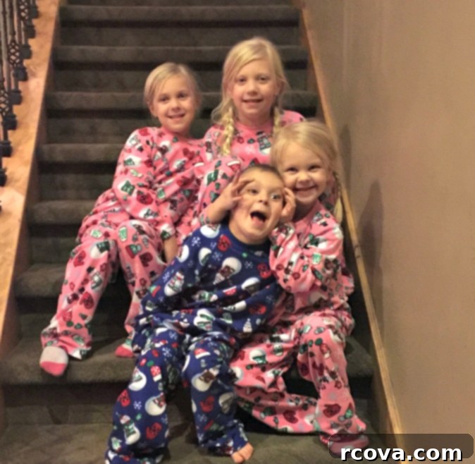 Holiday Sugar Cookie Bars 14 Kids on stairs on Christmas morning