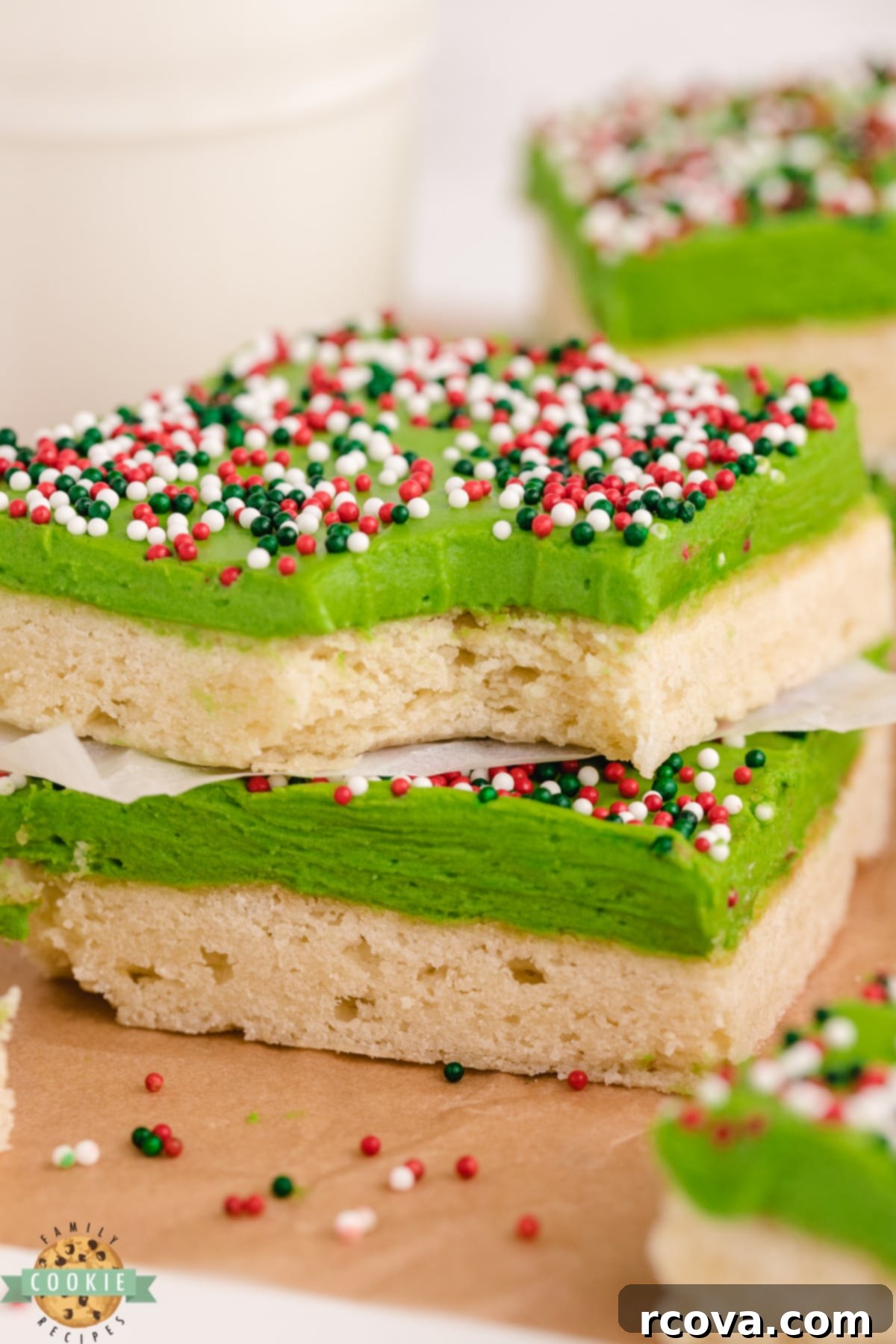 Holiday Sugar Cookie Bars 9 Close up of thick and soft sugar cookie bars