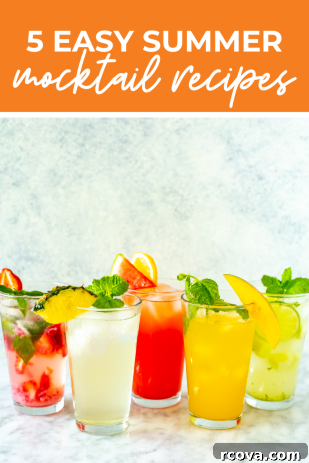 Summer's Coolest Sips 12 Overhead shot of a plated dish with an orange banner on the top, reading "5 delicious summer mocktail recipes" for Pinterest.