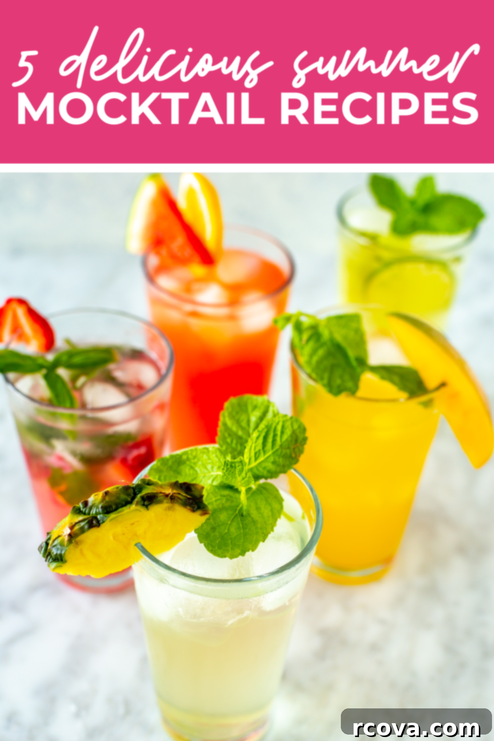 Summer's Coolest Sips 13 Overhead shot of a plated dish with a pink banner on the top, reading "5 delicious summer mocktail recipes" for Pinterest.