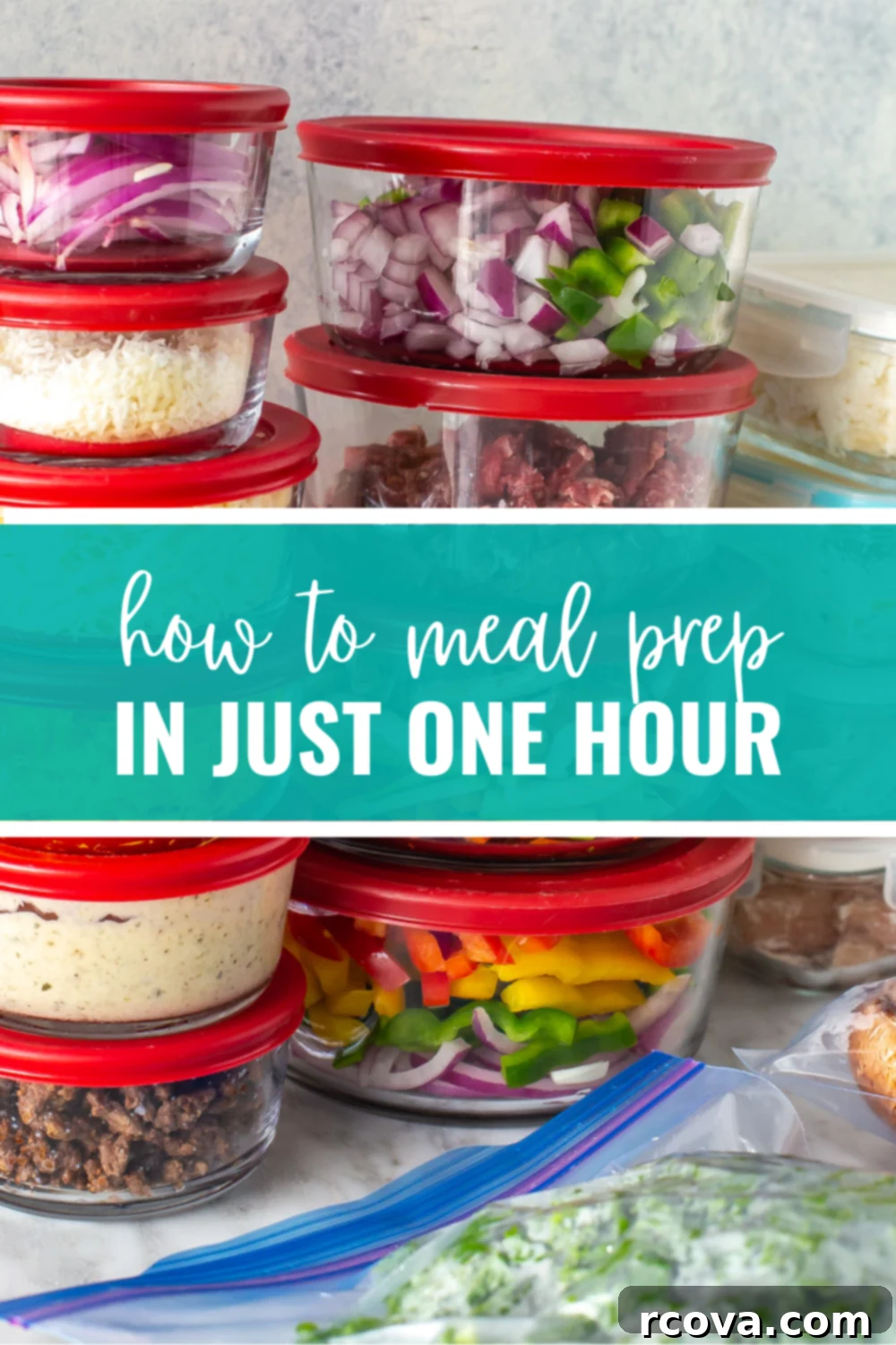 Master Ingredient Prep in 60 Minutes 2 stacked meal prep containers with a text banner saying "how to meal prep in just one hour".