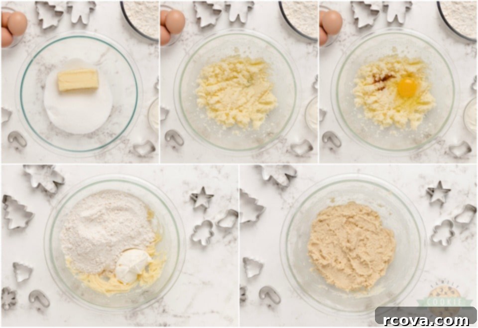 Crafting Christmas Cookie Magic 3 How to make Christmas Cut Out Cookies. A collage showing ingredients for Christmas cut-out cookies: sugar, butter, egg, vanilla, sour cream, salt, baking soda, and flour.