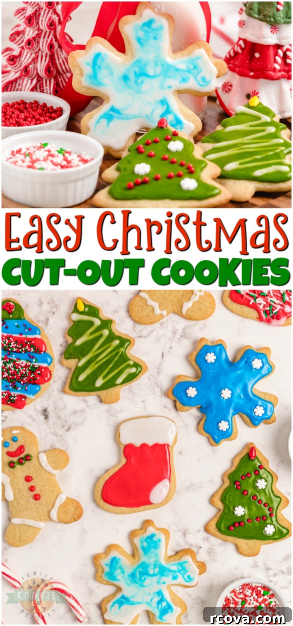 Crafting Christmas Cookie Magic 10 Classic Christmas Cut-Out Cookies perfect for the holidays! Easy sugar cookies for cookie cutters with a simple shiny cookie icing that everyone loves. A spread of various Christmas cut-out cookies, some plain, some iced, ready for decoration, on a festive background.