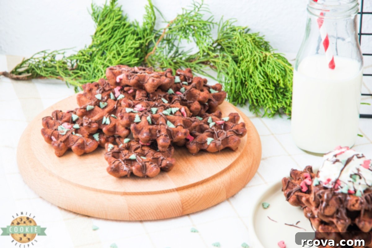 Yuletide Chocolate Waffle Treasures 12 Christmas Chocolate Waffle Cookies are soft, fudgy, and easily made in a waffle maker! No oven is needed to make these delicious chocolate cookies with festive sprinkles.
