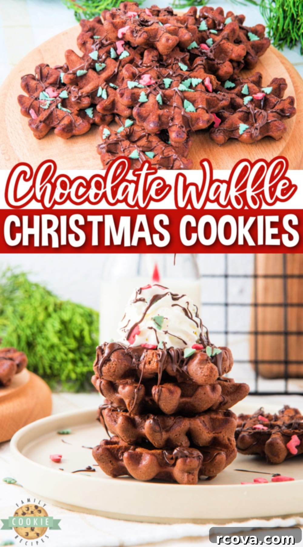 Yuletide Chocolate Waffle Treasures 13 Christmas Chocolate Waffle Cookies are soft, fudgy, and easily made in a waffle maker! No oven is needed to make these delicious chocolate cookies with festive sprinkles.