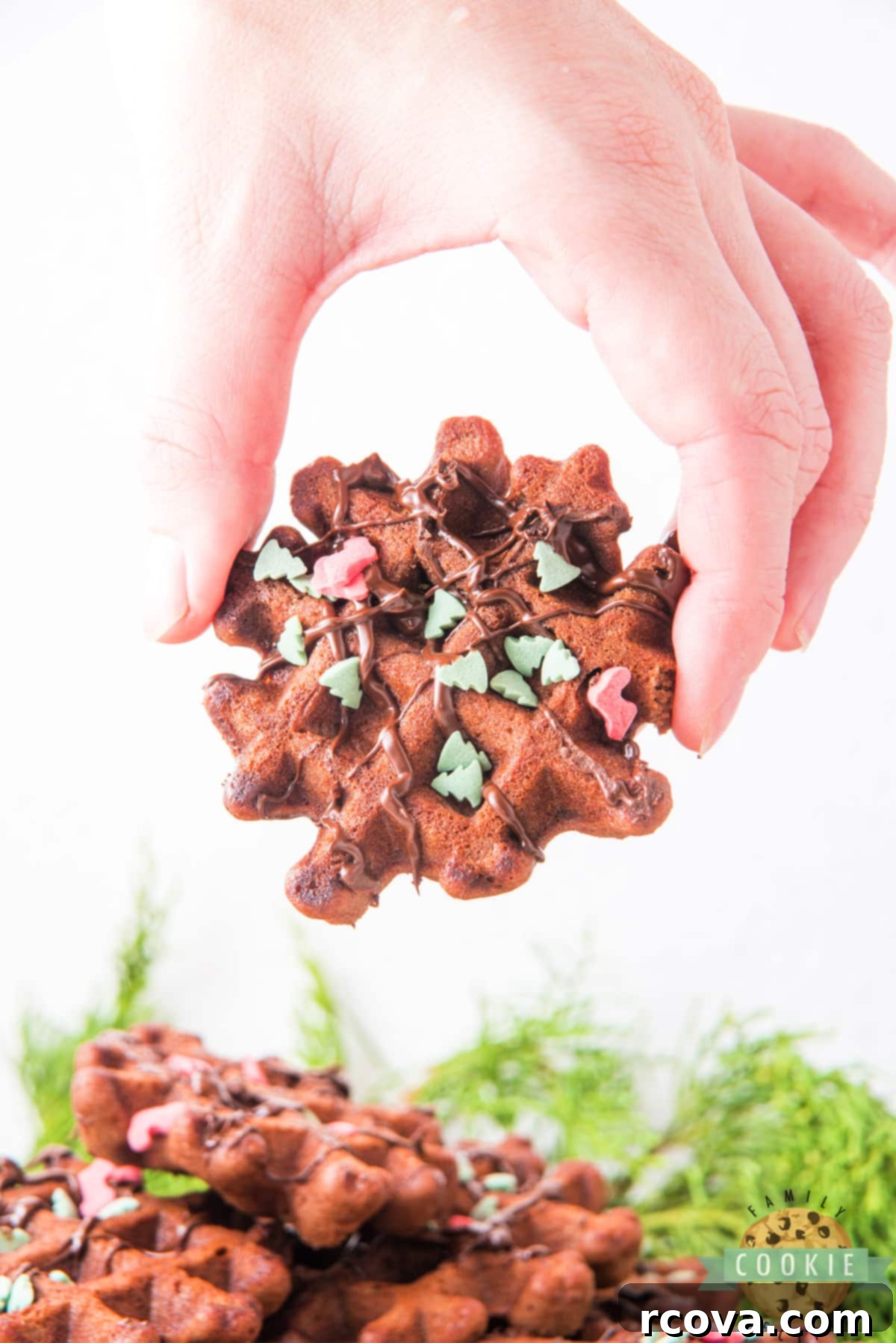 Yuletide Chocolate Waffle Treasures 3 Chocolate cookies made with a waffle iron.