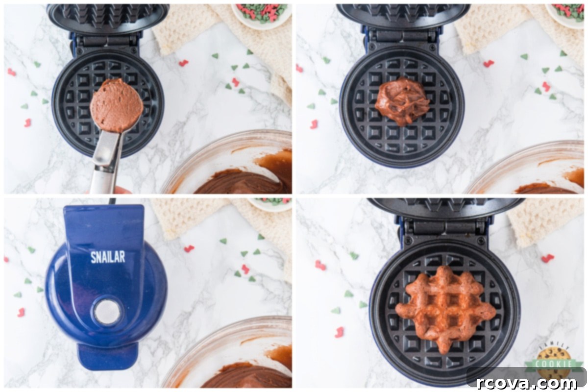 Yuletide Chocolate Waffle Treasures 7 Cooking cookie dough in a waffle maker.
