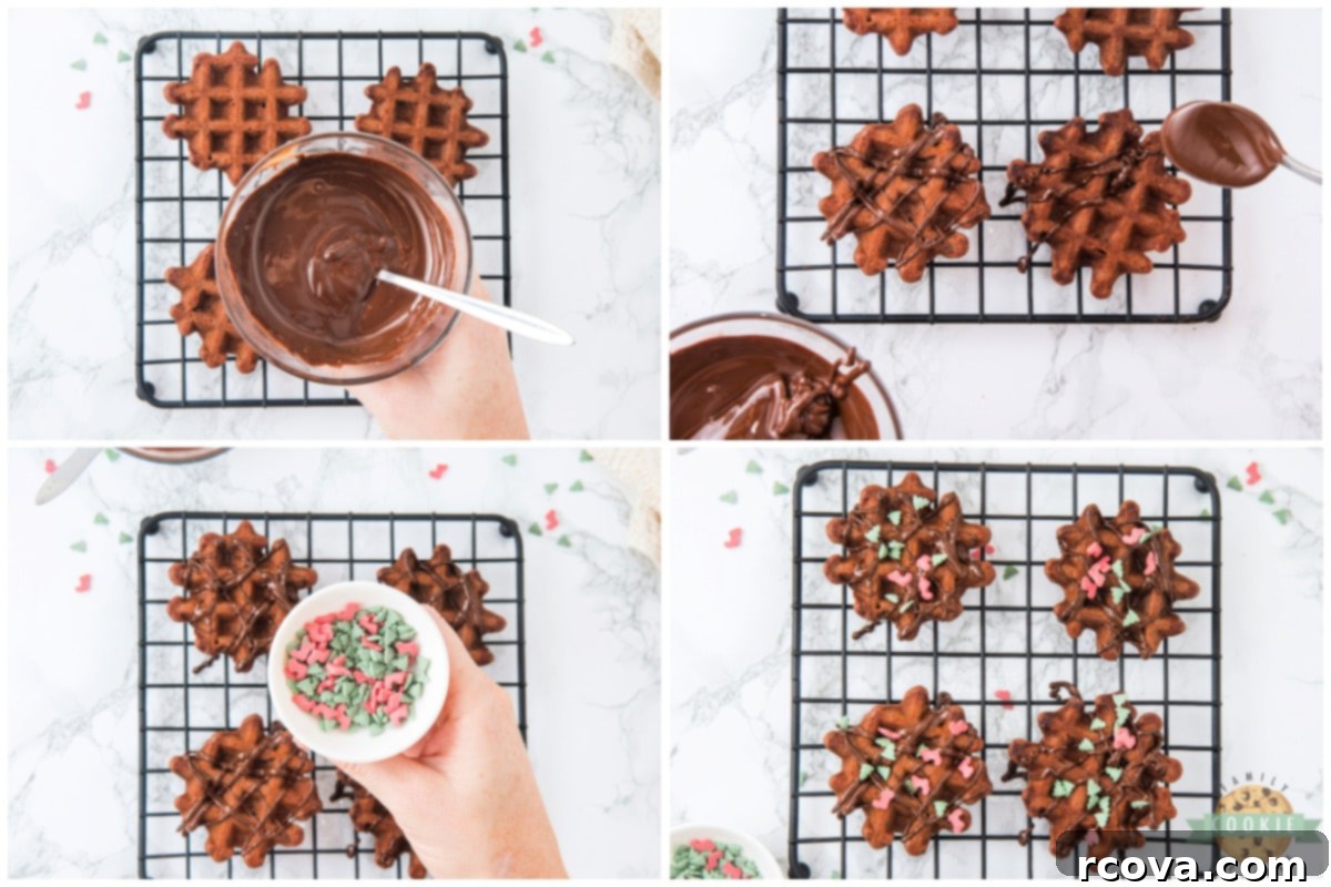 Yuletide Chocolate Waffle Treasures 8 Adding chocolate drizzle and holiday sprinkles on top of the cookies.