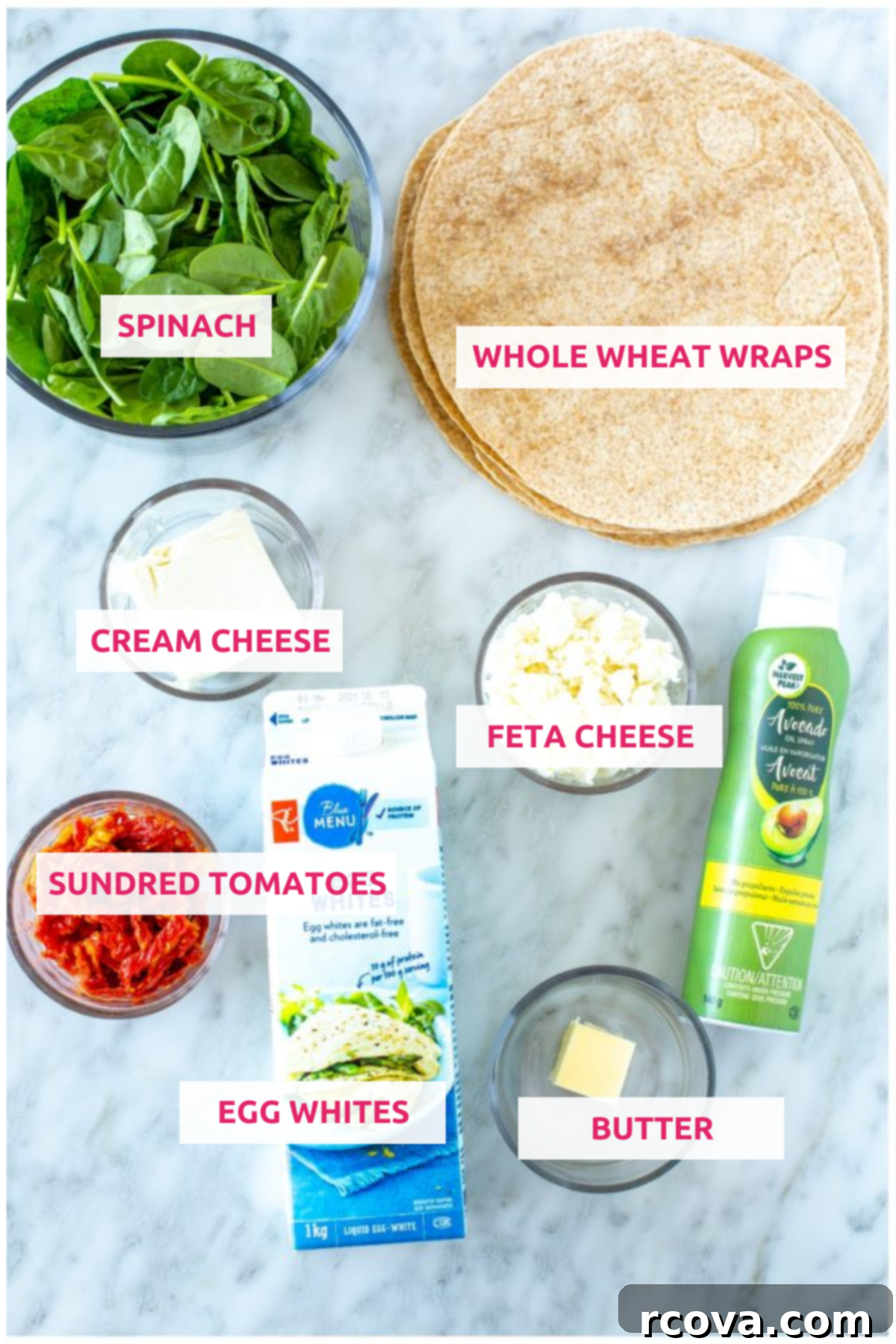 Starbucks Savory Spinach Feta Wrap 4 overhead shot of ingredients with label for starbucks spinach feta wrap