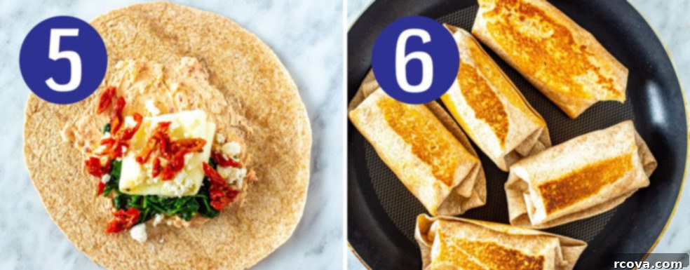 Starbucks Savory Spinach Feta Wrap 7 Steps 5 and 6 for making Starbucks spinach feta wraps, showing wraps being assembled and toasted