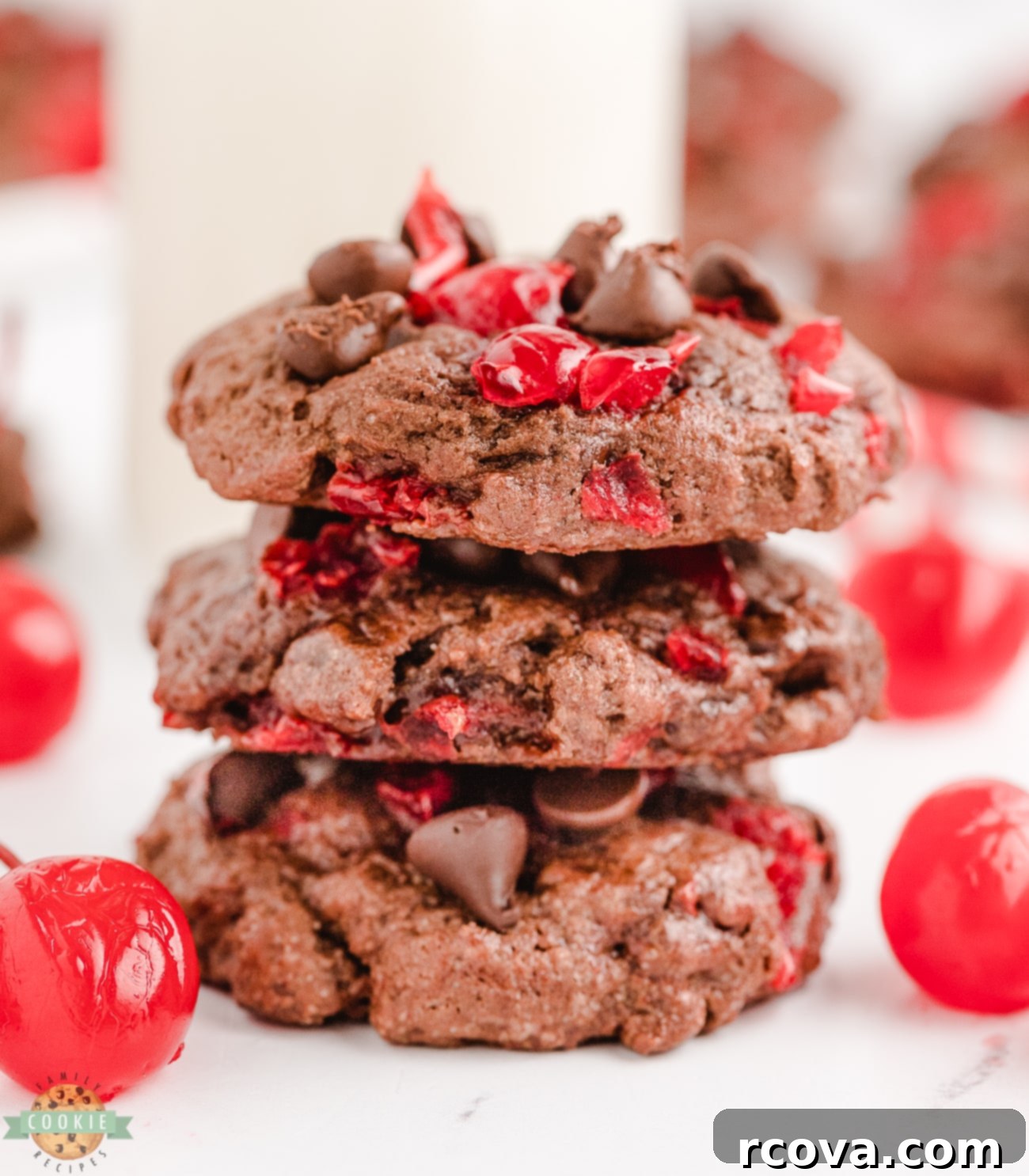 Decadent Chocolate Cherry Cookies 2 stack of double chocolate cherry cookies, showcasing their rich color and cherry pieces