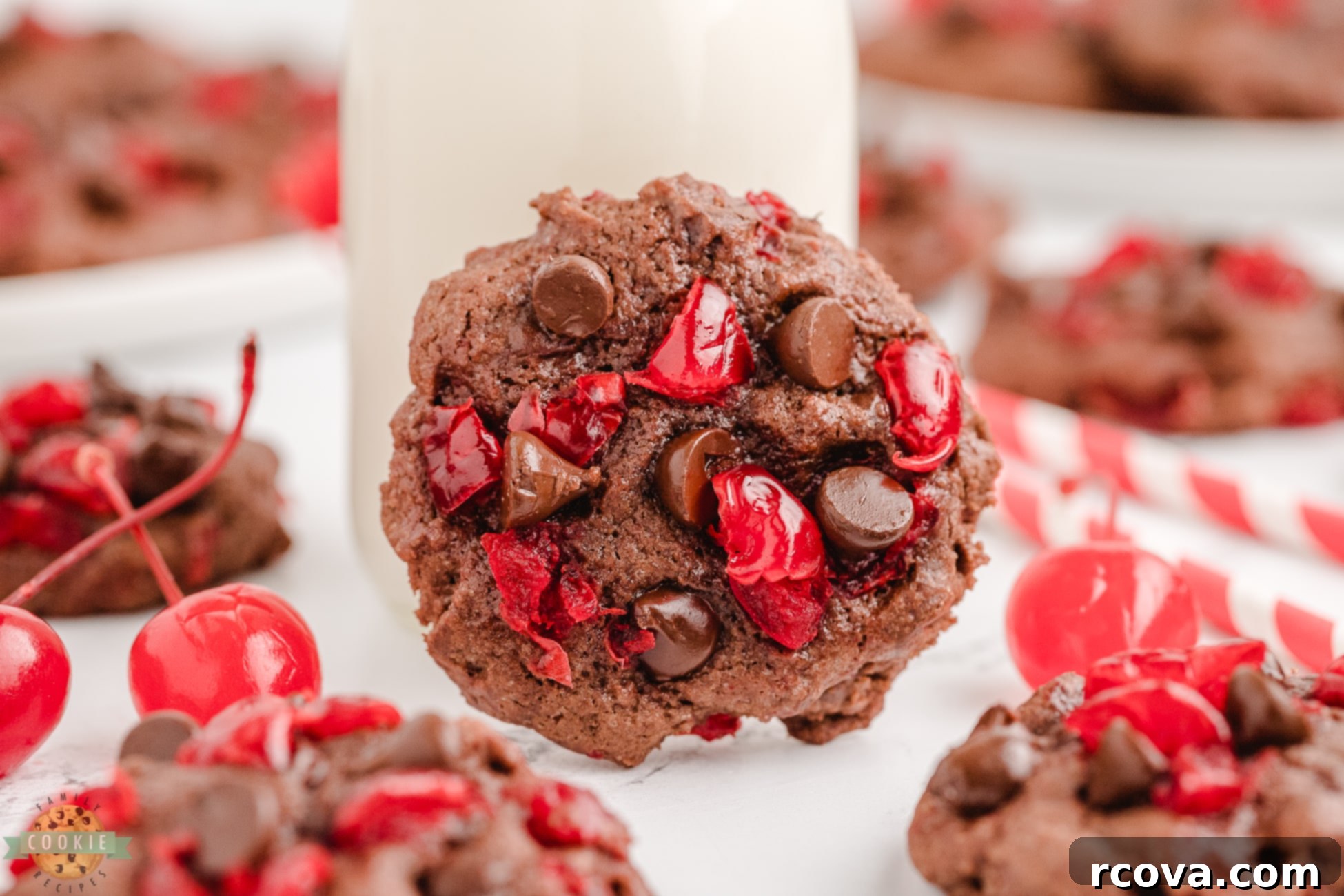 Decadent Chocolate Cherry Cookies 3 cherry chocolate cookie with a glass of milk, highlighting its soft texture and inviting appeal