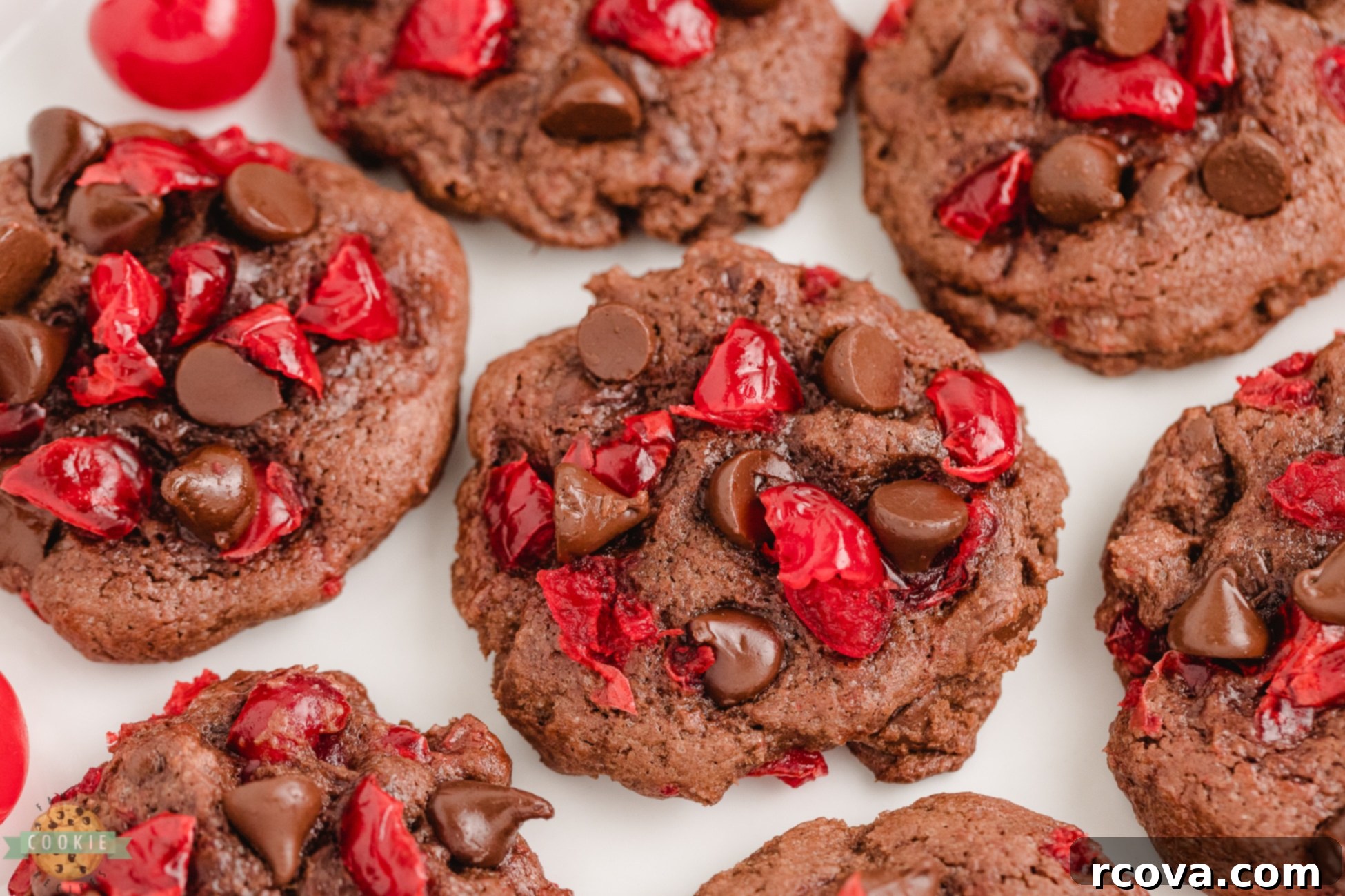Decadent Chocolate Cherry Cookies 7 cherry chocolate cookies on a white plate, ready to be served